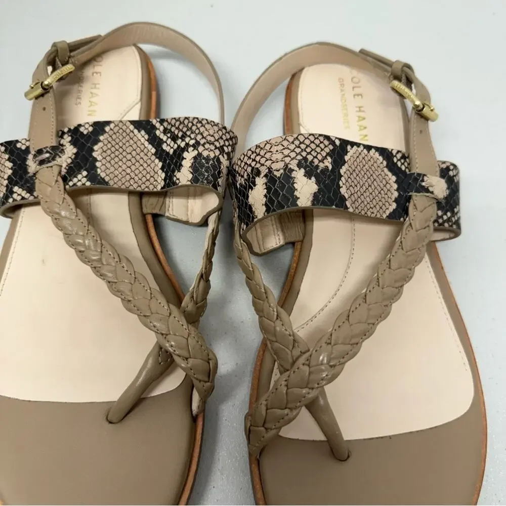 Cole Haan Grand Series Strappy Leather Sandals Women 8.5 Snake Print Cream Beach